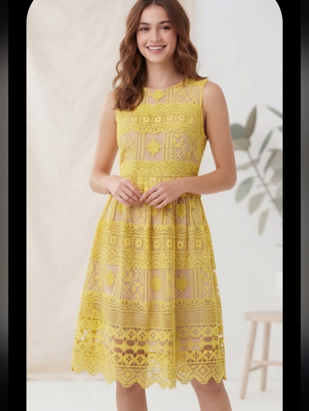 Chelsea Yellow Fit & Flare Midi Dress Crew Neck